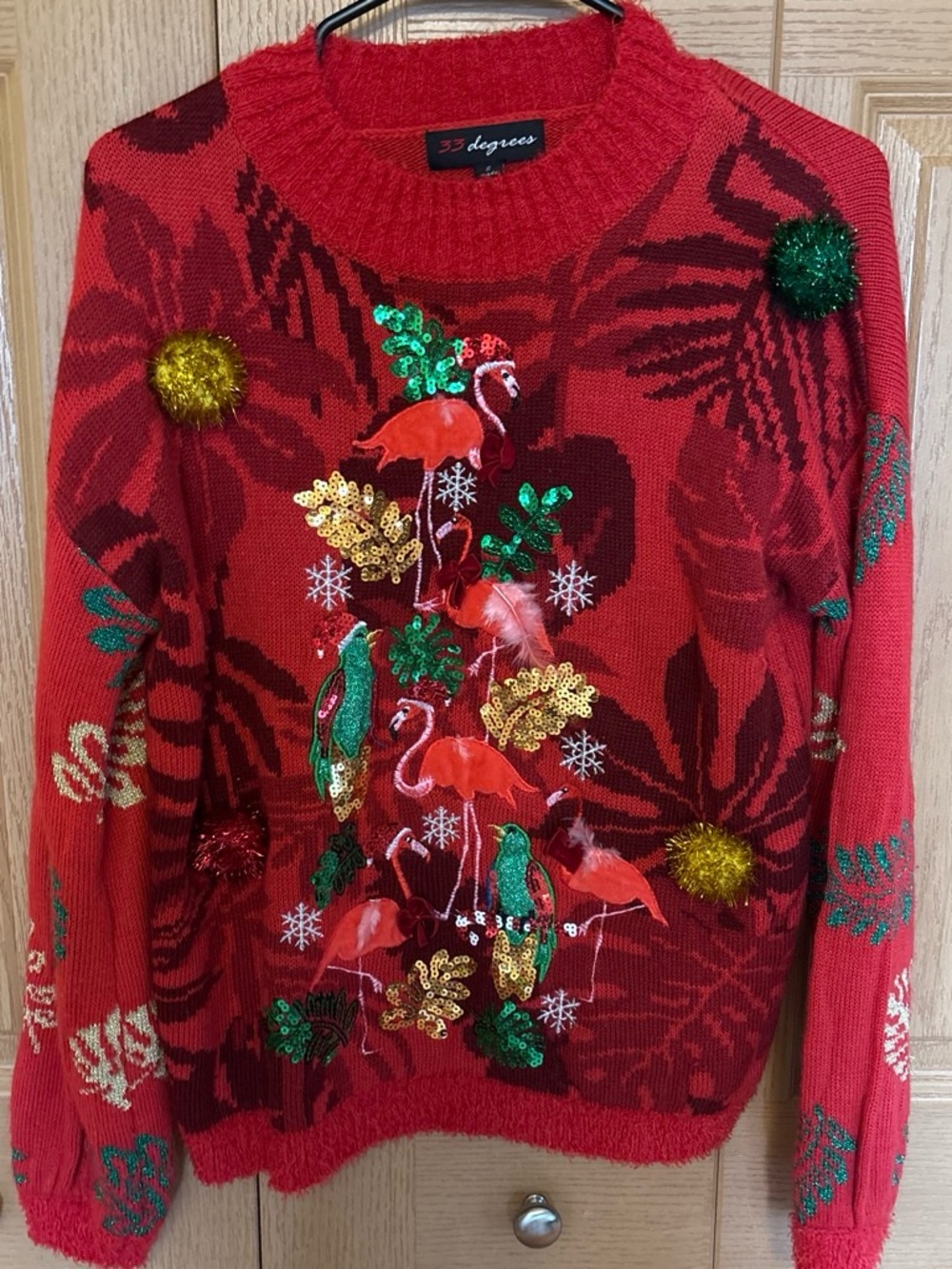 Women’s Red Embellished Flamingo Crewneck Sweater